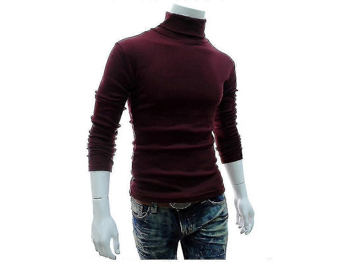 Suéter De Gola Alta Masculino De Mescla De Algodão Com Manga Longa Para Outono E Primavera Casual Vinho Vermelho