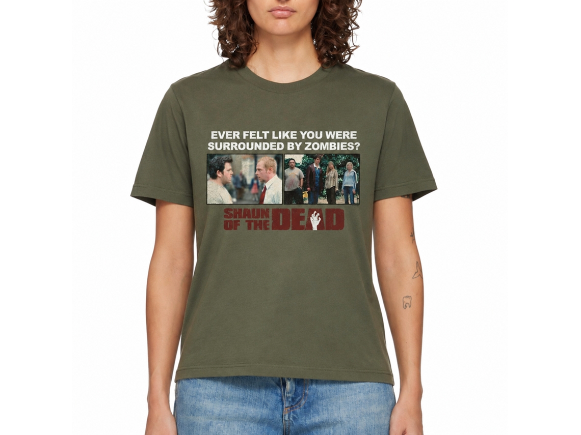Rockinstone Shaun Of The Dead Movie Surrounded By Zombies Solid Military Green Adult T-shirt Size:xxl