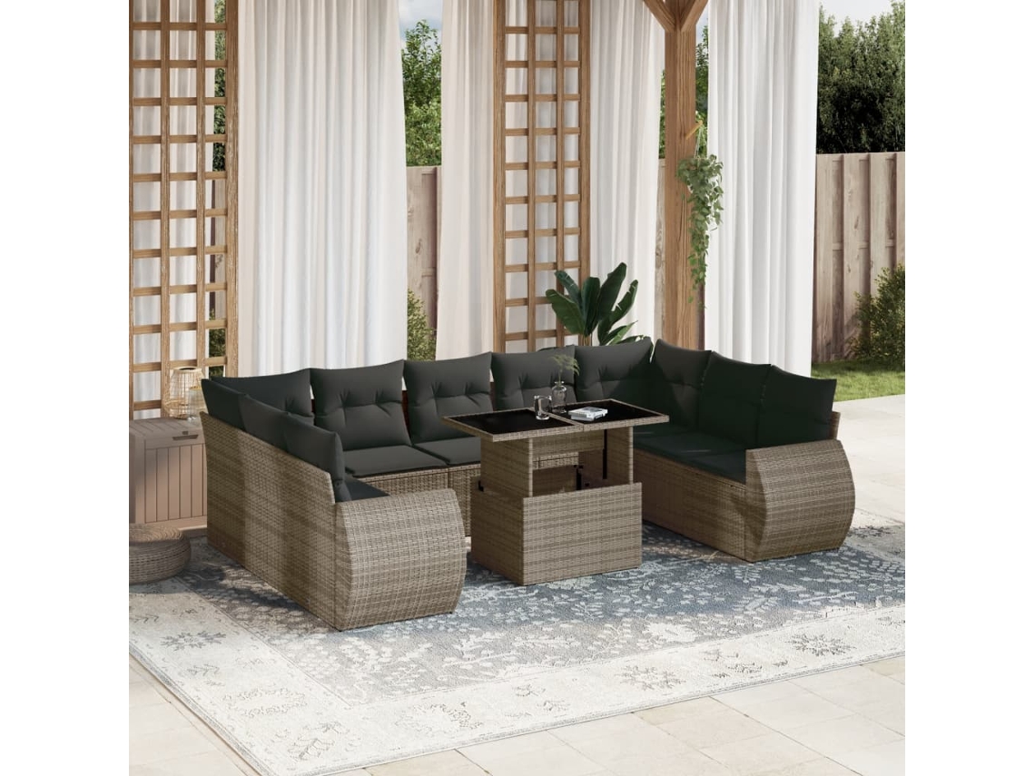 Vidaxl 10 Pcs Conjunto Sofás De Jardim C/ Almofadões Vime Pe Cinzento