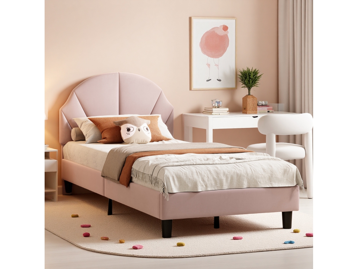 Cama Infantil 90x200cm, Cama Para Menino E Menina / Cama Para Adolescente, Veludo, Montagem Simples, Rosa, Sem Colchão Rosahqnda