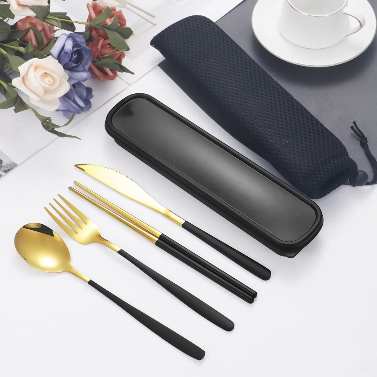 Conjunto De Talheres De Aço Inoxidável (4 Peças, Preto), Com Caixa De Armazenamento, Conjunto De Talheres Portátil.