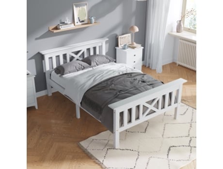 Cama Estrado e Cabeceira de Solteiro com Estrado e Cabeceira Ripas YUETOPP Madeira Branco (90x200cm)