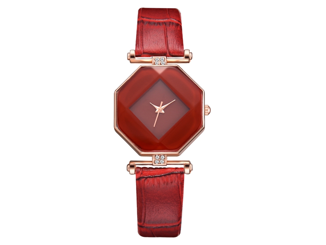 Relógio de Pulso Feminino de Quartzo com Pulseira de Couro Pu e Pedras Strass (vermelho)