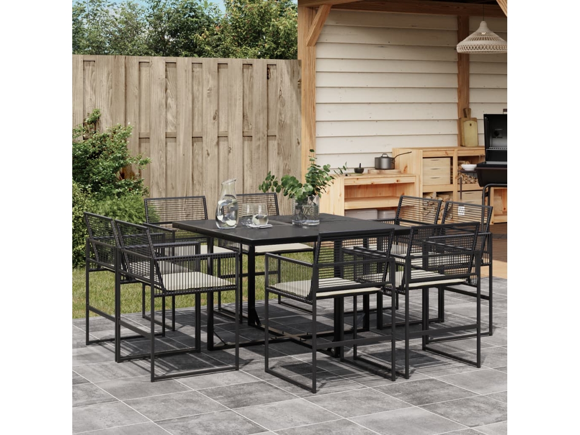 Conjunto 9 Peças Jantar P/ Jardim C/ Almofadões Vime Pe Preto Dkd Home Decor