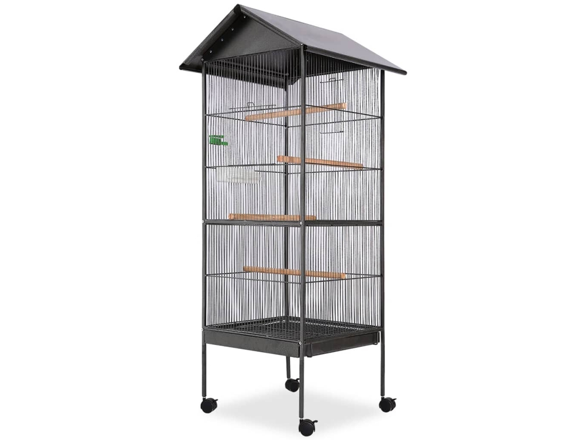 Vidaxl Gaiola Para Pássaros Com Telhado De Aço 66x66x155 Cm Preto