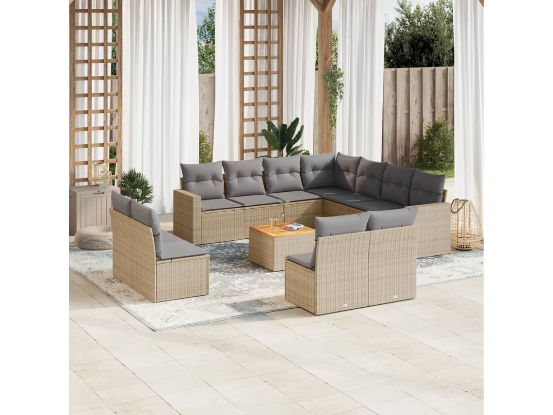 Vidaxl 12 Pcs Conj. Sofás Jardim C/ Almofadões Vime Pe Bege Misturado