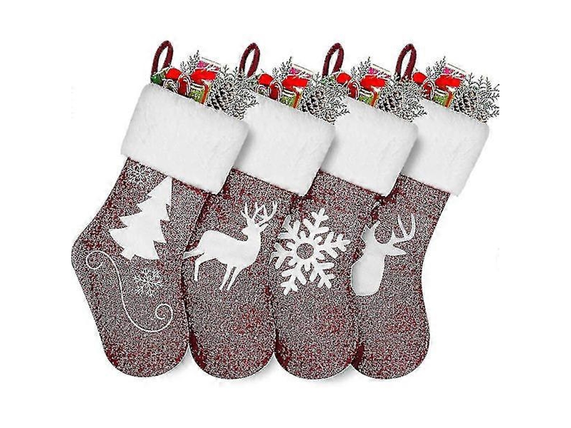 Meias De Natal, Conjunto De 4 Peças De 47 Cm, Lareira De Linho Bordado Com Punhos De Pelúcia, Enfeites De Natal Olysi Shop