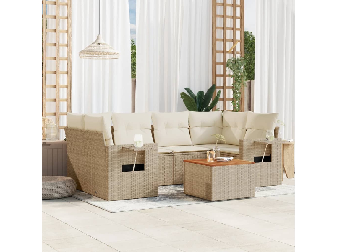 Vidaxl 7 Pcs Conjunto De Sofás P/ Jardim Com Almofadões Vime Pe Bege
