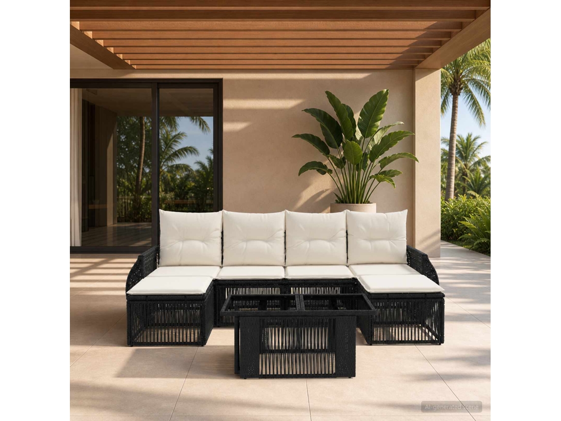 Vidaxl Conjunto De Sofá De Jardim 7 Unid. Preto E Branco Creme Vime Pe