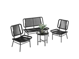 Conjunto De Jardim Externo Em Rattan Com 4 Peças, Incluindo Sofá De 2 Lugares, 2 Cadeiras E Mesa De Centro Com Tampo De Metal, Na Cor Preta.