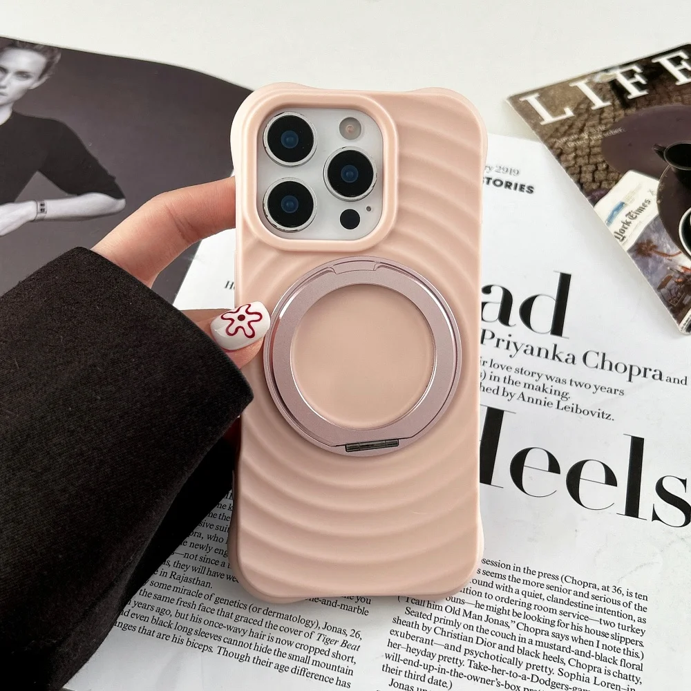 Capa De Celular Corrugada Com Adesivo De Silicone Líquido E Suporte Magnético (iphone 16 Pro Max Rosa).