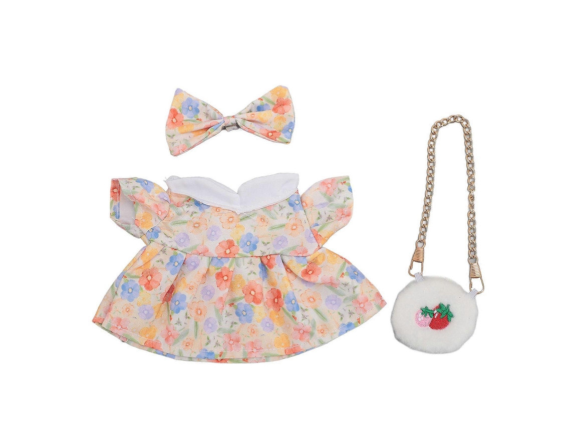Roupa Para Boneca De Pelúcia Laço De Algodão E Tecido Conjunto 20cm Com Bolsa De Morango