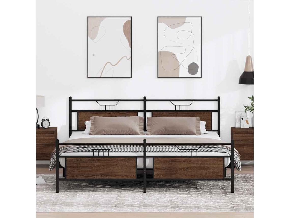 Cama De Casal | Camas Para Quarto | Estrutura Cama Sem Colchão 193x201 Cm Metal Carvalho Castanho