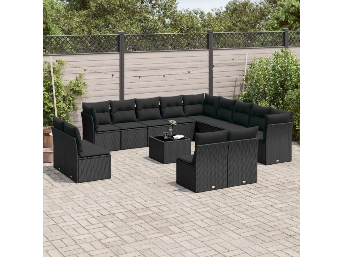 Vidaxl 14 Pcs Conjunto De Sofás P/ Jardim C/ Almofadões Vime Pe Preto