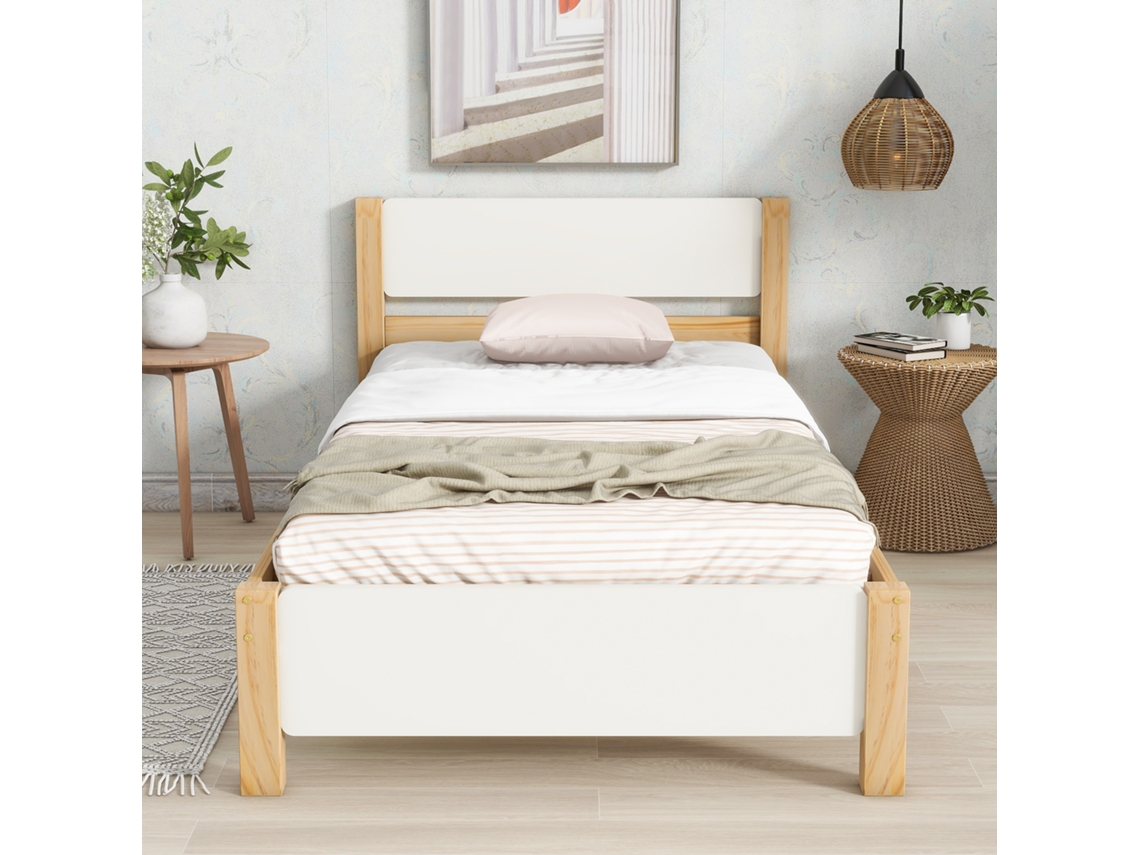 Cama Solteiro Pinheiro Pé Central Mdf Branco Natural 90x200 Cm