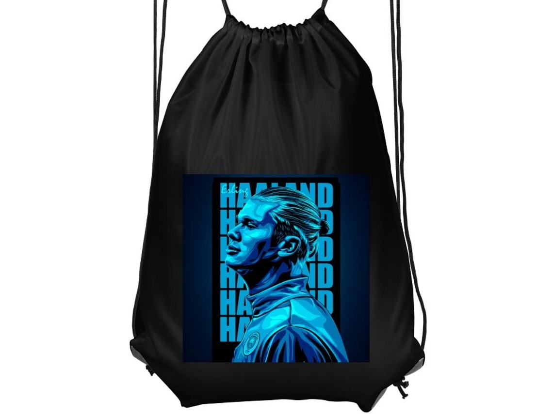 Mochila de Ginástica Infantil Preta, Confortável e Prática. Retrato Elegante em Tons de Azul Erling Haaland uma Mochila Esportiva Moderna BRILVIBERA