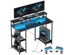 Mesa para Computador com Prateleiras Reversíveis e Tomadas Led, 120x50 Cm, Suporte Duplo para Monitor, na Cor Preta