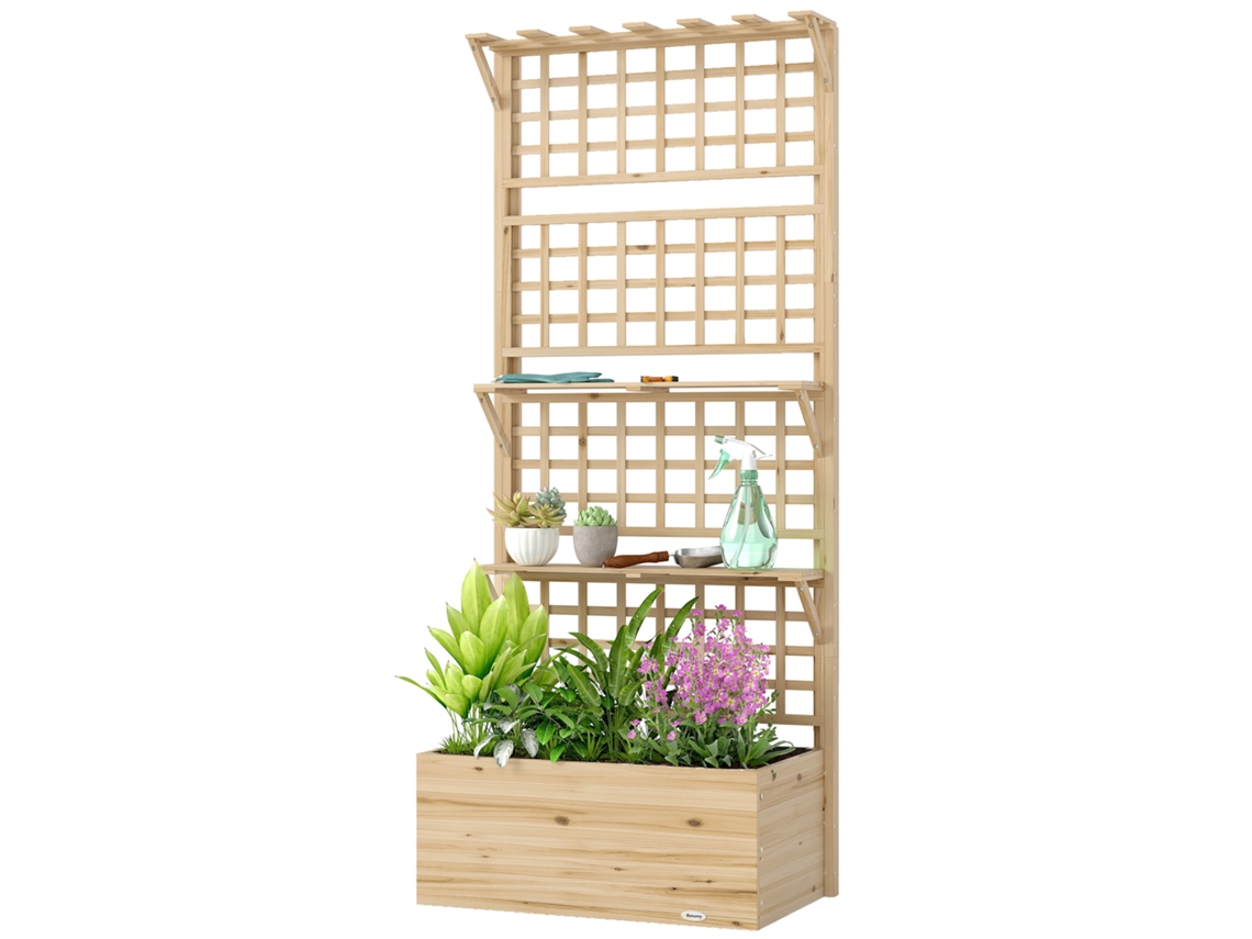 Jardineira Com Treliça E Teto Em Madeira Para Plantas Trepadeiras Com 2 Prateleiras Drenagem E Forro 76x43,5x177 Cm Natural