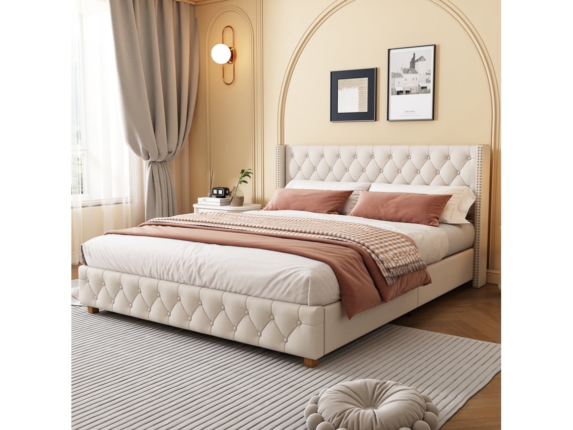 Cama Casal Elegante 160x200 Cm, Bege, Capitonê, Pés Madeira