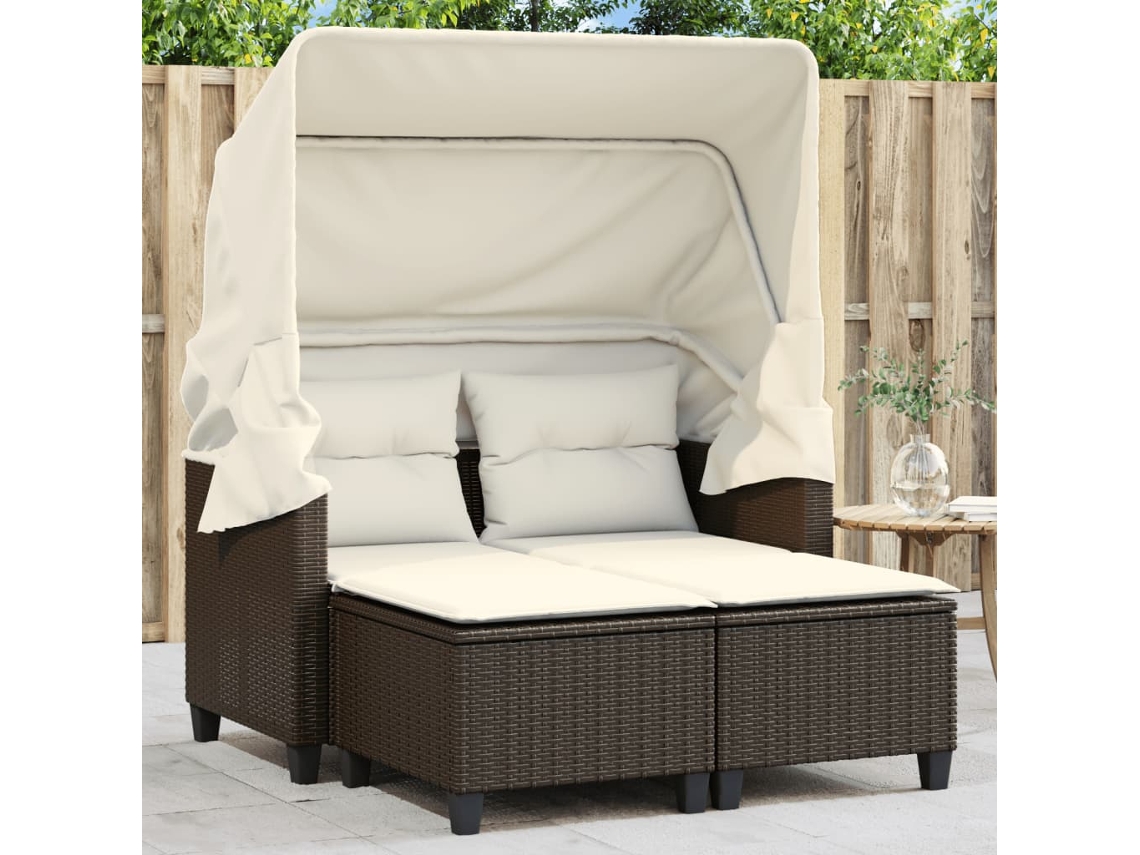 Sofá De Jardim 2 Lugares Com Toldo E Bancos Vime Pe Marrom Dkd Home Decor