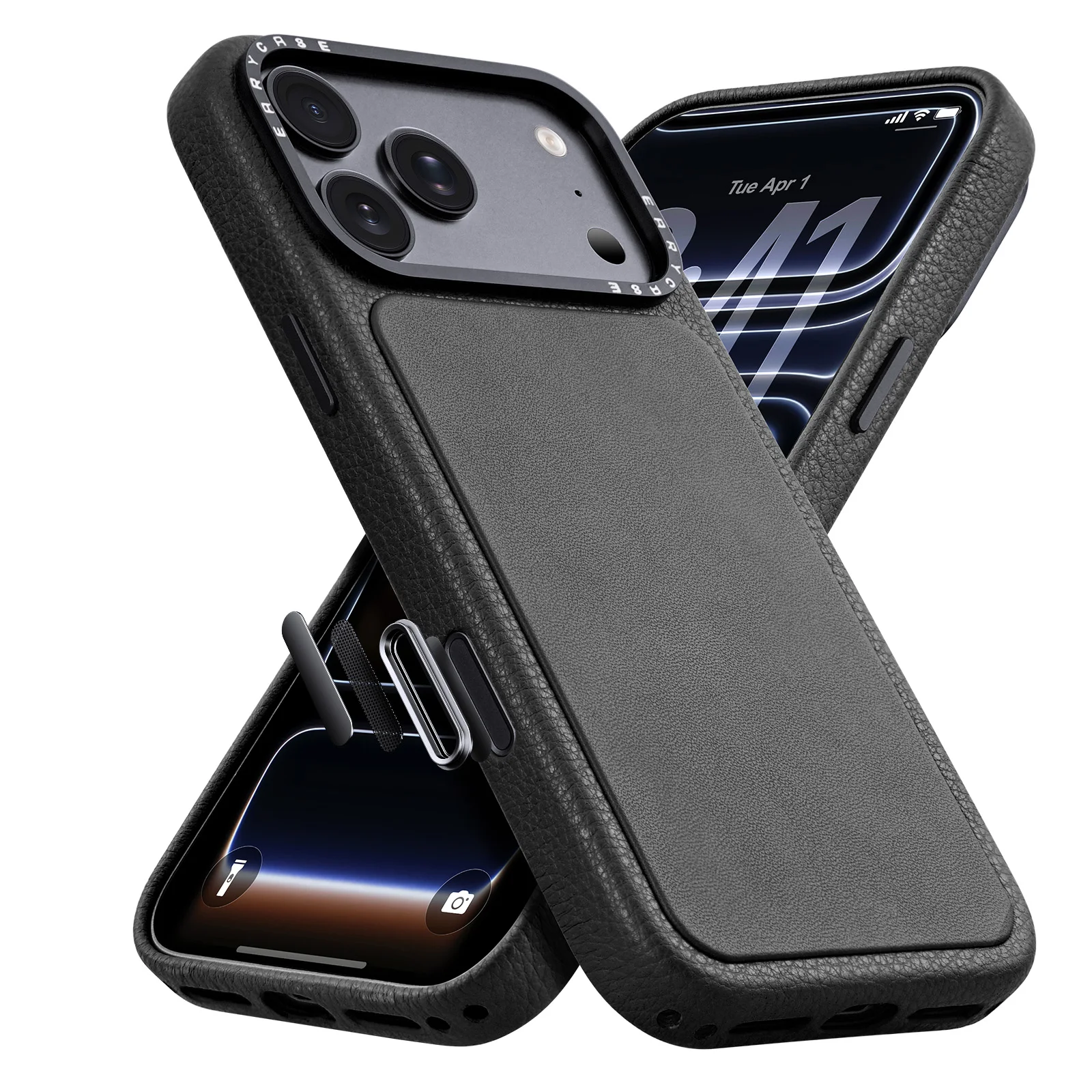 Capa De Couro Genuíno Para Iphone 17 Pro Max Preto, Com Aparência De Nova E Botão Capacitivo Para A Câmera.