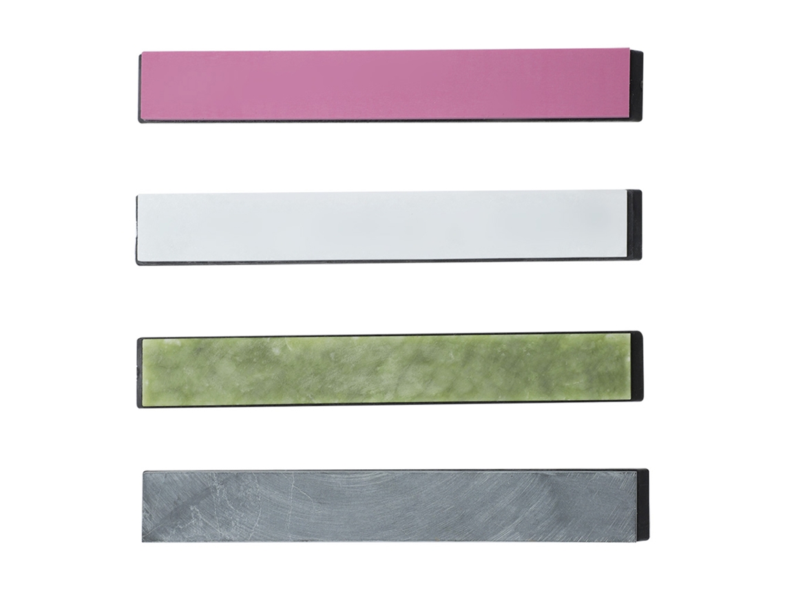 Conjunto de 4 pedras de afiar coloridas com base para afiar facas, afiador de facas de ângulo fixo.