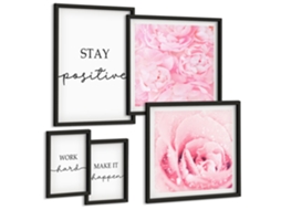 Conjunto De Pinturas Frases Motivacionais Com Flores Espelharte (5 Peças)