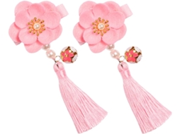 Par de presilhas de cabelo chinesas de feltro rosa para meninas, com pompons e motivos chineses.