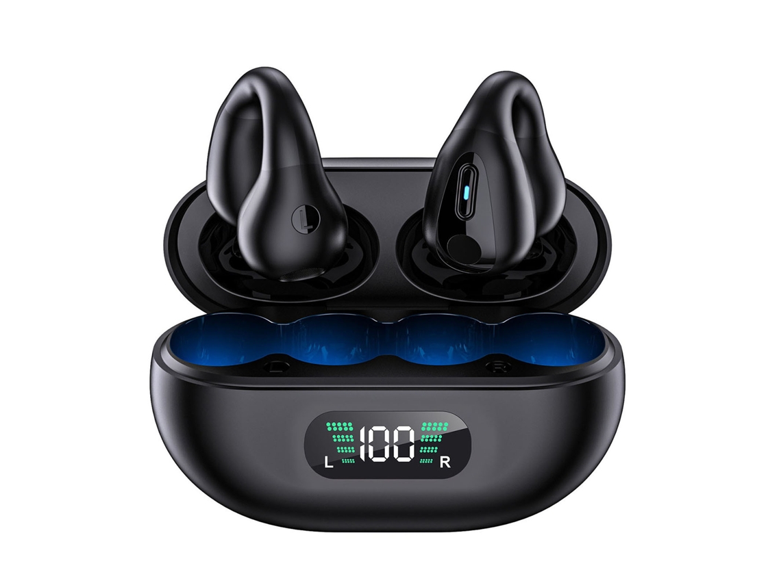 Fones de Ouvido Bluetooth Clip On Open Ear com Condução Óssea 36h, Led e Estojo Preto S/MARCA