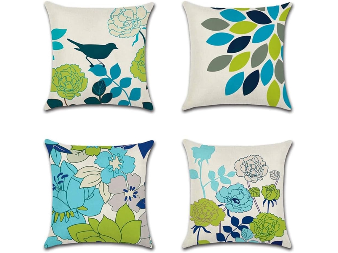 Conjunto De 4 Capas De Almofada Decorativas 45x45 Cm, Capas De Almofada Impermeáveis ​​com Flores Azuis, Verdes E Pássaros, Perfeitas Para Banco De Ja
