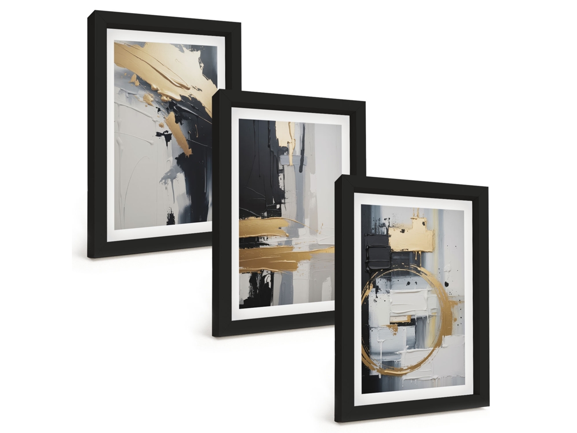 Composição De Quadros Pintura Abstrata Em Preto E Branco Espelharte (3 Peças 20x30 Cm)