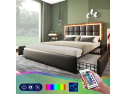 Cama Casal 160x200cm Led Gavetas 4 Cabeceira Ajustável Pu Preto