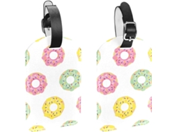 Conjunto De 2 Etiquetas Bagagem Em Imitação Couro Com Design Donut, Rosa Amarelo Verde