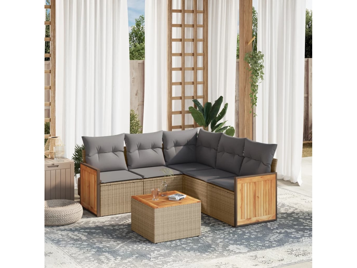Vidaxl 6 Pcs Conjunto De Sofás P/ Jardim Com Almofadões Vime Pe Bege