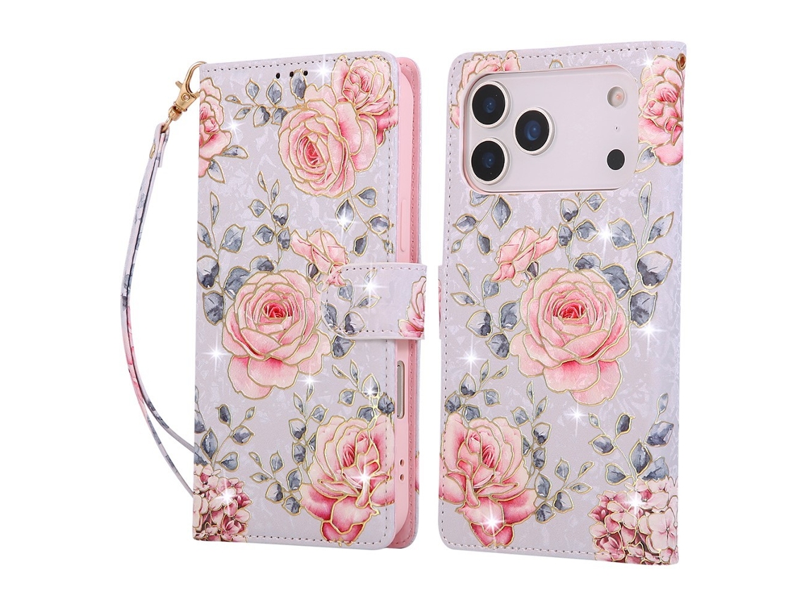 Capa Para Iphone 17 Pro Max Em Couro Rosa Com Proteção Rfid E Flores.