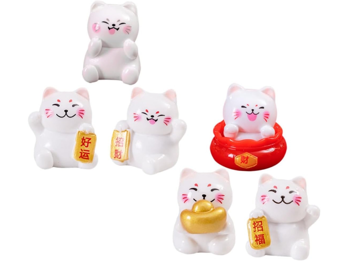 Conjunto 6 Miniaturas Gatos Japoneses Resina Maciça Adoráveis Peças Decoração Escritório Amuleto Sorte GOKOCO