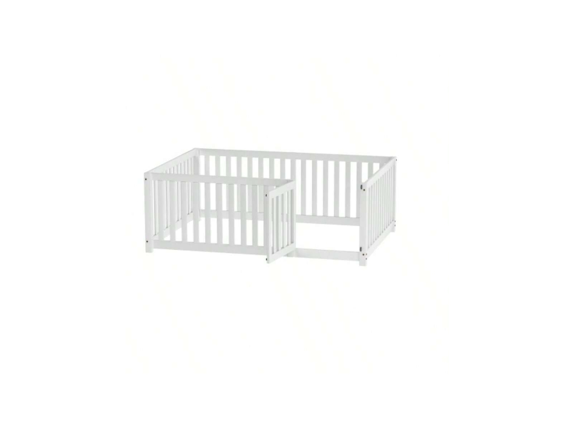 Berço Infantil 140x200 Cm Com Estrutura Em Madeira, Grade De Proteção E Portão, Cor Branca Quenty