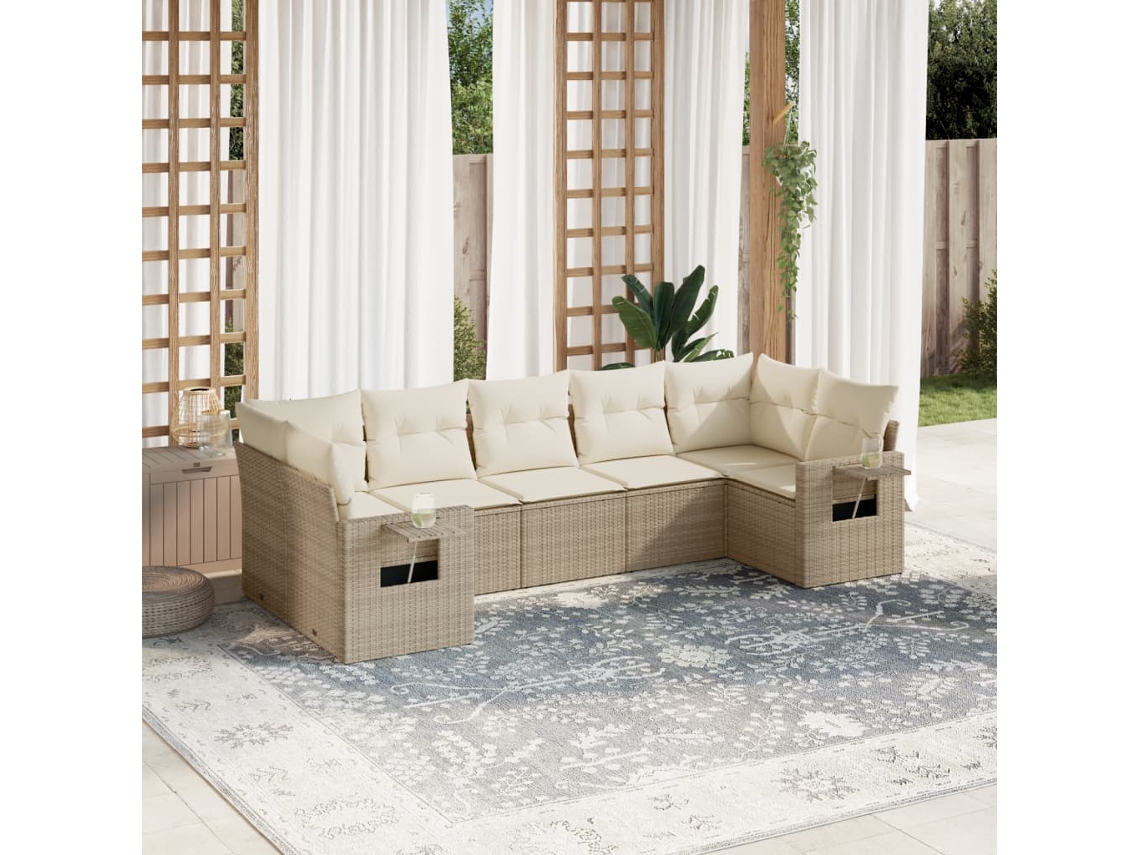 Vidaxl 7 Pcs Conjunto De Sofás P/ Jardim Com Almofadões Vime Pe Bege