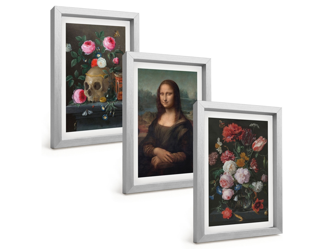 Pinturas Murais Modernasflores, Crânio, Retrato Da Mona Lisa Moldura Prateada Fotos Para O Corredor Espelharte (3 Peças 20x30 Cm)