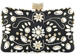 Clutch Com Strass E Pérolas Para Mulheres Elegantes, Bolsa De Noite Em Poliéster Preto Com Compartimentos Para Guardar Objetos.
