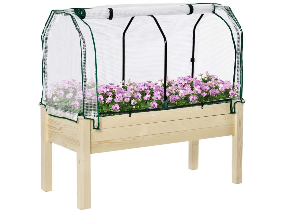 Jardim Elevado 121x55x117cm Natural em Madeira com Cobertura Protetora, Ideal para Cultivar Flores e Vegetais em Terraço. Ge