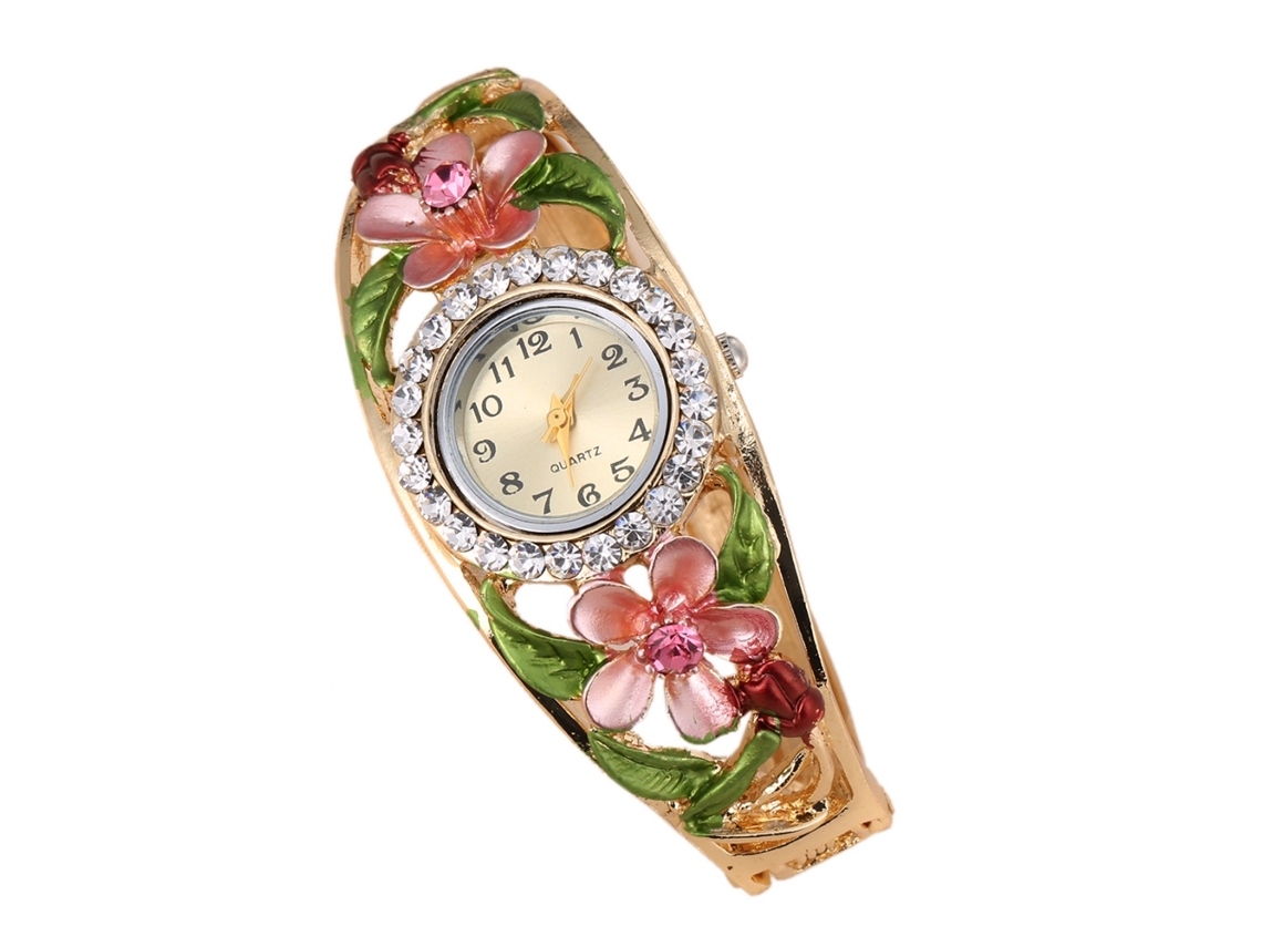 Relógio de Pulseira Feminino com Strass e Padrão Floral em Alliage Relógio de Quartzo