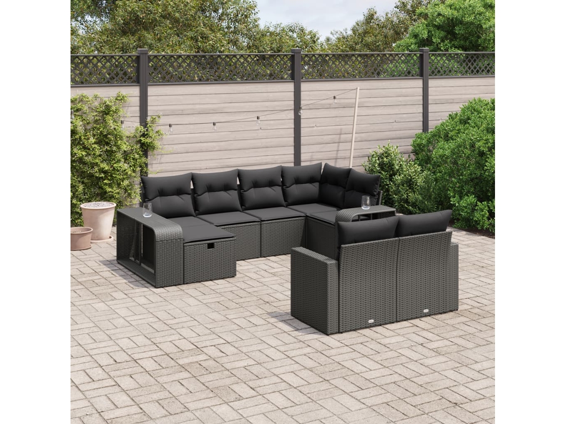 Jogo de Sofá Jardim 10 Peças C/ Almofadões Vime Pe Preto Dkd Home Decor