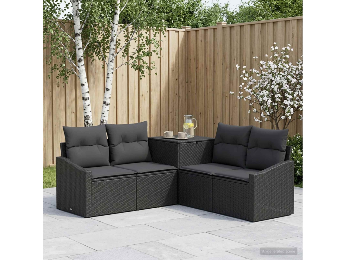 Vidaxl Conjunto De Sofás 5 Unid. Preto Rattan Poliéster E Aço