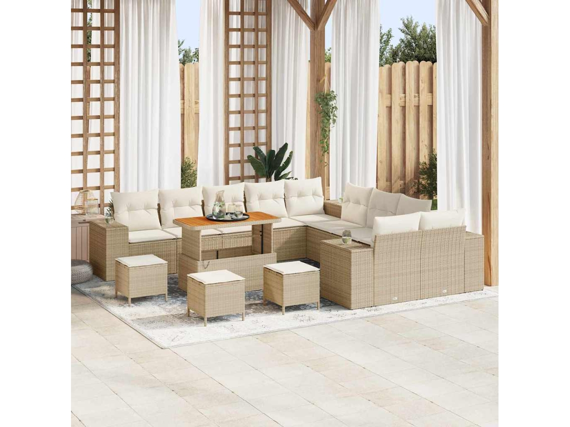 Vidaxl Conjunto De Sofá De Jardim 14 Pcs Bege E Creme Vime Pe