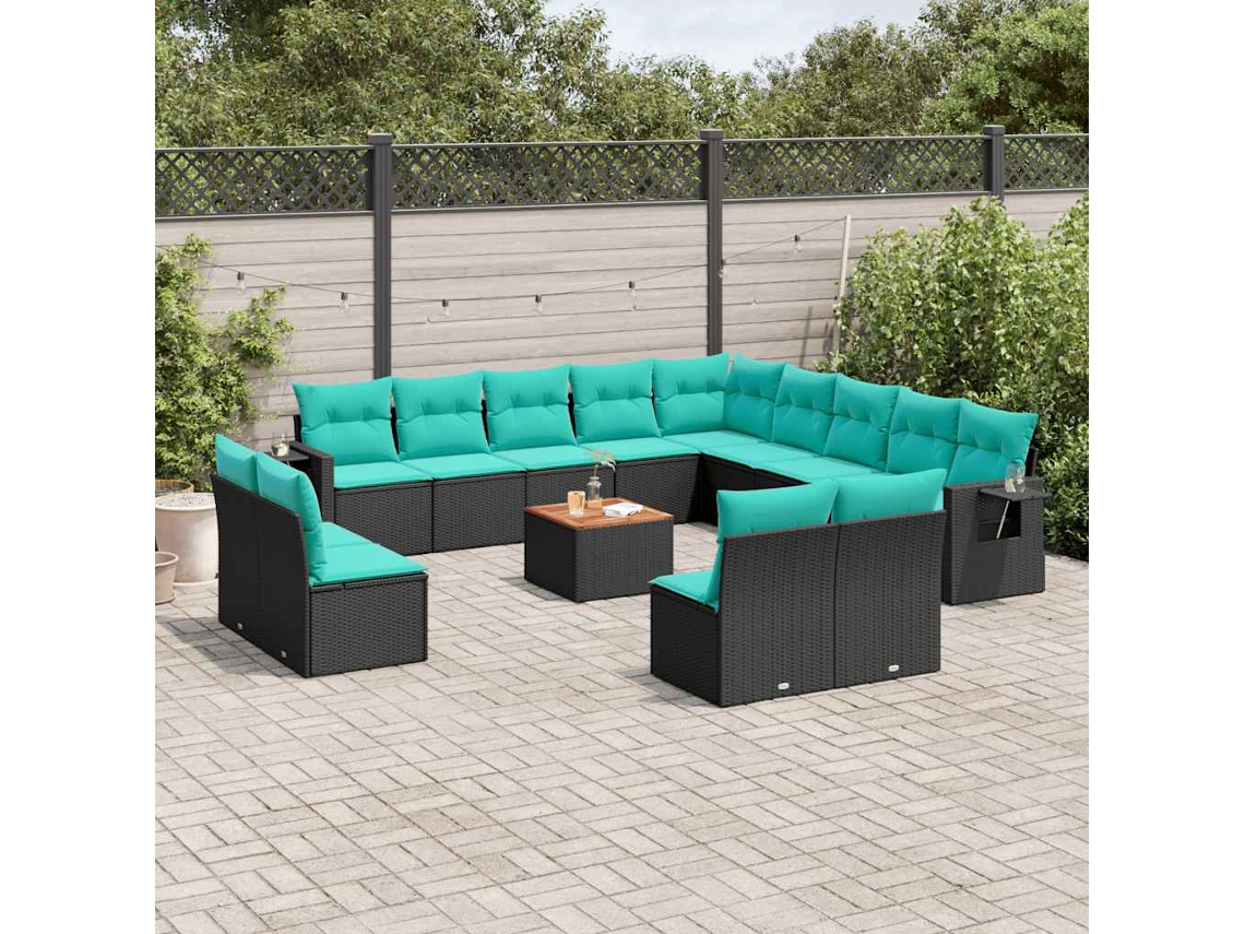 Vidaxl Conjunto de Sofá de Jardim com 14 Peças e Almofadas em Rattan Sintético Preto