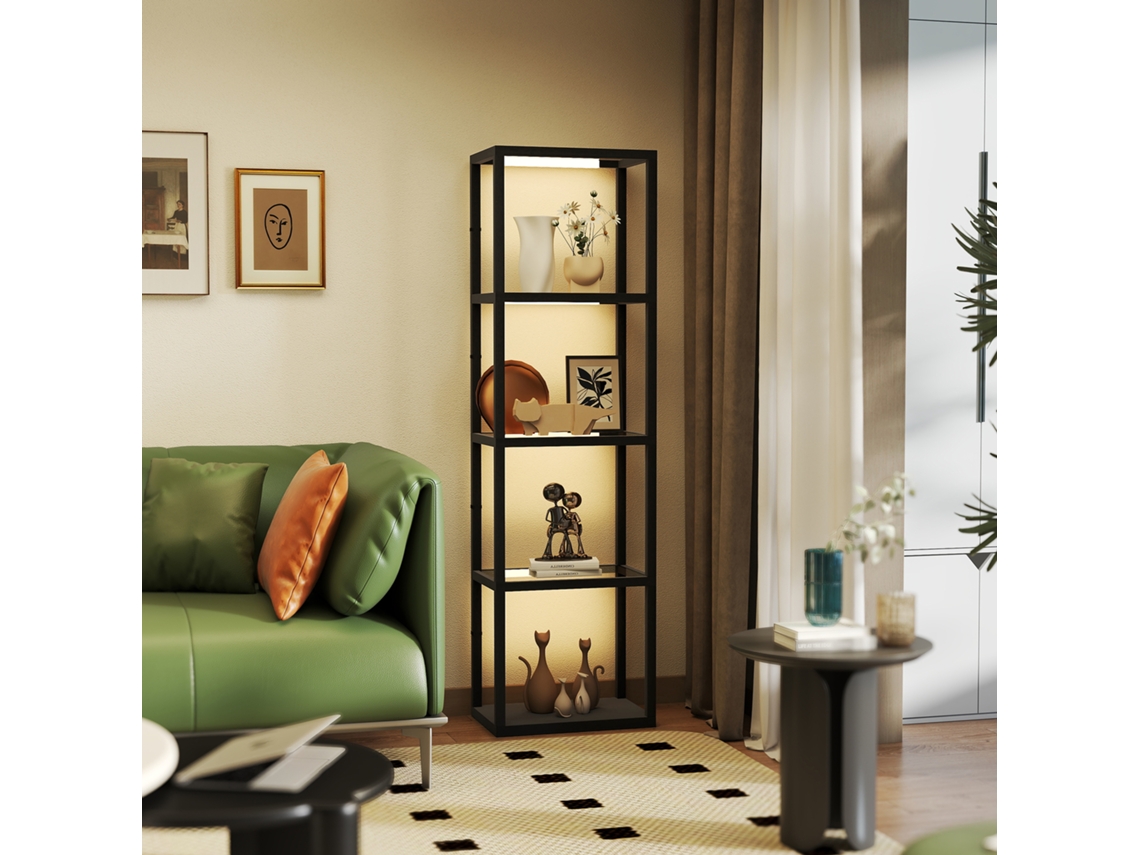 Luminária De Chão Led Preta Com Prateleira Iluminada De 4 Níveis E Compartimentos De Vidro Com Interruptor De Pé Em Mdf