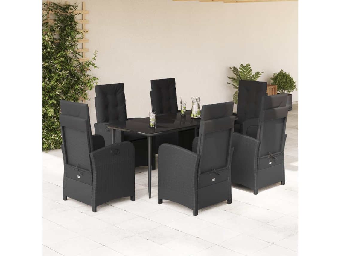 Conjunto 7 Peças Jantar P/ Jardim C/ Almofadões Vime Pe Preto Dkd Home Decor