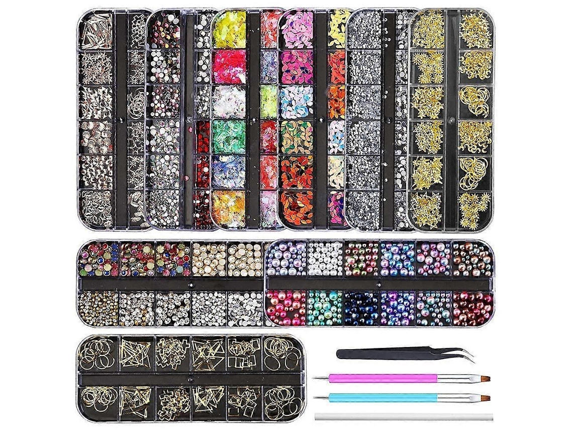 Kit Com 9 Caixas De Strass Para Unhas Gemas E Cristais Para Unhas Com Pinça Para Decoração De Unhas Nostalgia88