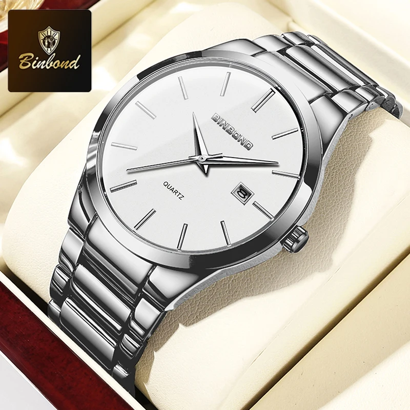 Relógio de Quartzo Masculino Clássico e Elegante com Calendário, em Aço Inoxidável, Resistente À Água de Alta Qualidade. MDUG (branco Prateado)